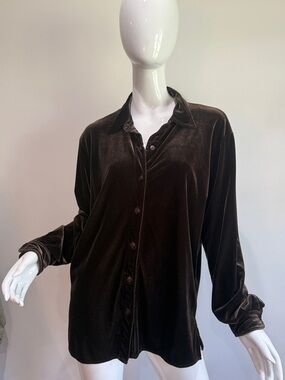 Vintage Velvet Button Front Boxy Brown Longline Oversized Big Shirt